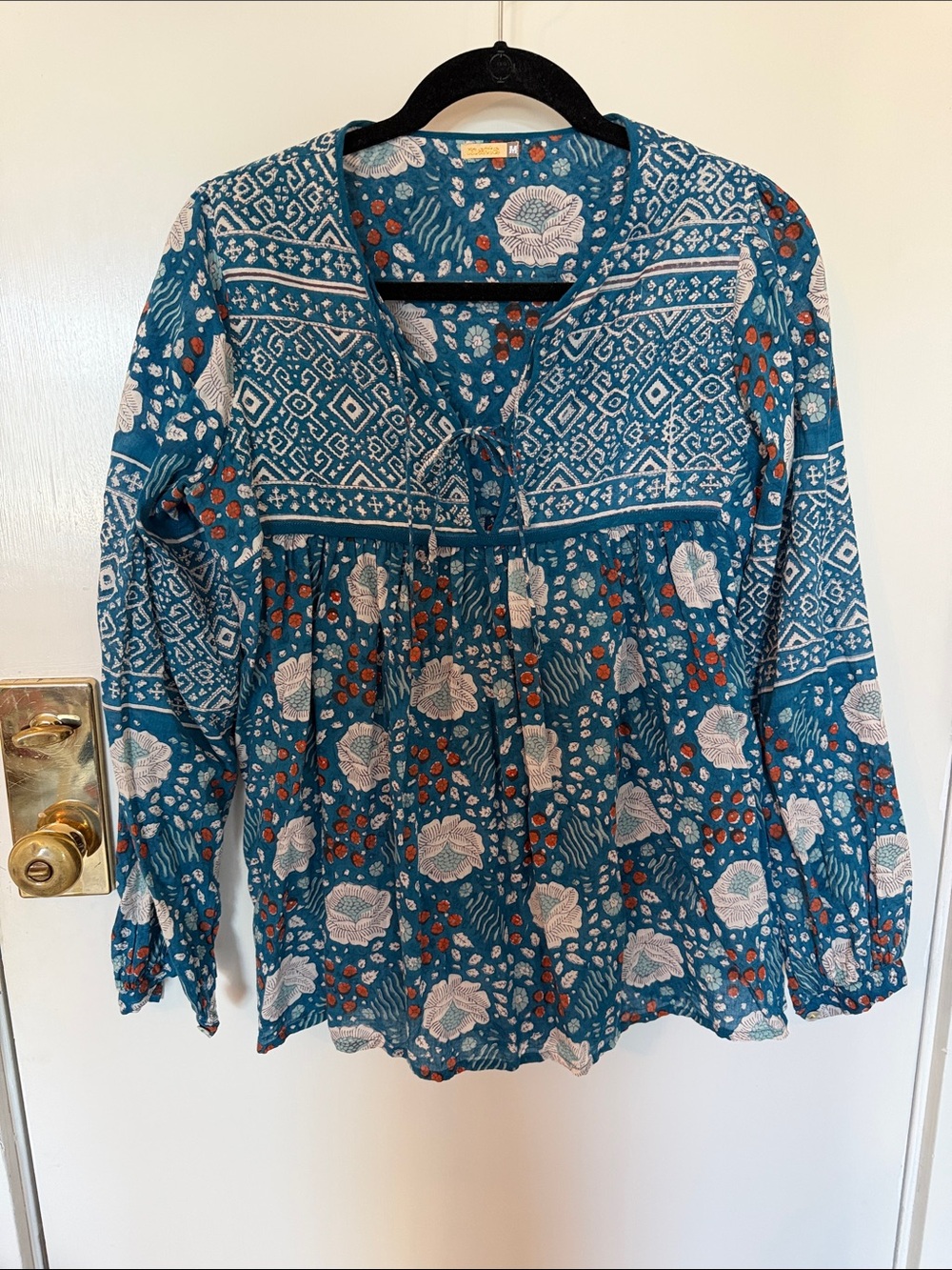 Matta Teal Blue Floral Tie-Neck Peasant Blouse